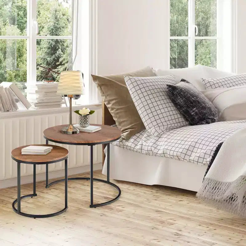 Costway Lot de 2 tables basses gigognes pour balcon, salon, tables d'appoint rondes modernes, marron rustique/marron/or