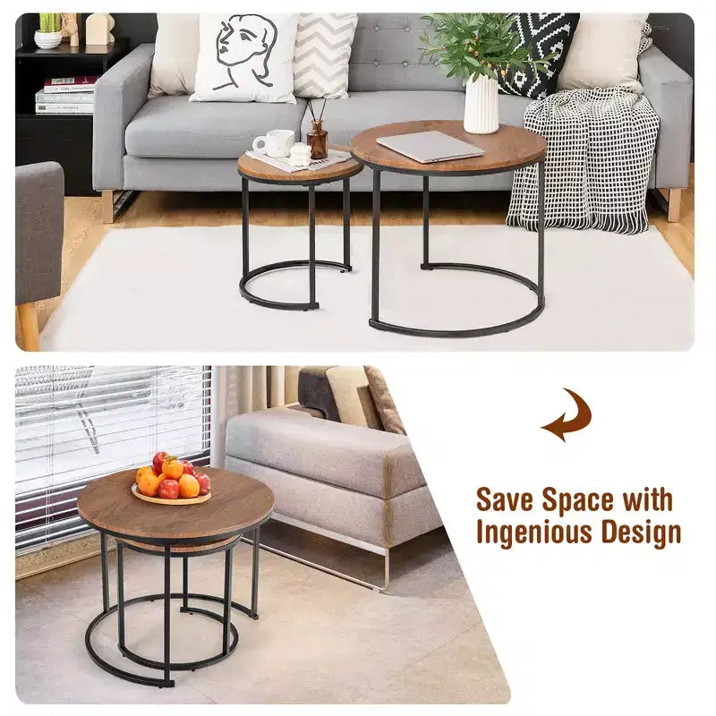 Costway Lot de 2 tables basses gigognes pour balcon, salon, tables d'appoint rondes modernes, marron rustique/marron/or