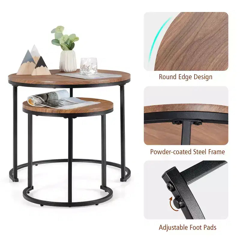 Costway Lot de 2 tables basses gigognes pour balcon, salon, tables d'appoint rondes modernes, marron rustique/marron/or