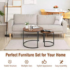 Costway Lot de 2 tables basses gigognes pour balcon, salon, tables d'appoint rondes modernes, marron rustique/marron/or