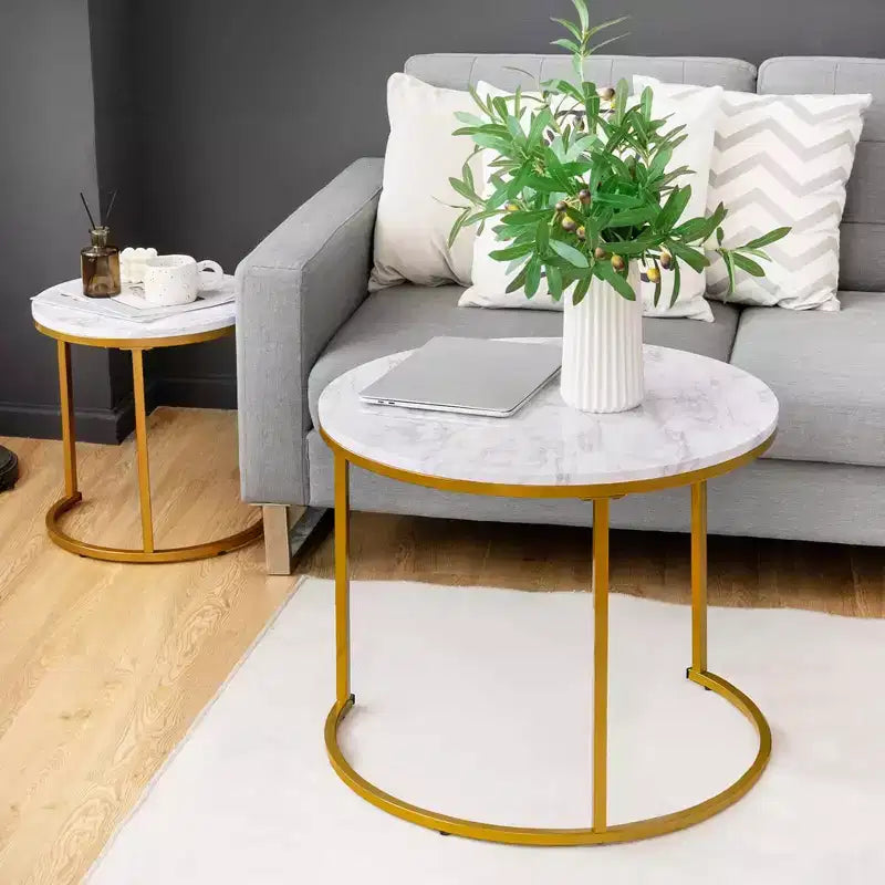 Costway Lot de 2 tables basses gigognes pour balcon, salon, tables d'appoint rondes modernes, marron rustique/marron/or