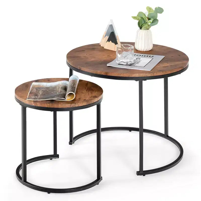 Costway Lot de 2 tables basses gigognes pour balcon, salon, tables d'appoint rondes modernes, marron rustique/marron/or