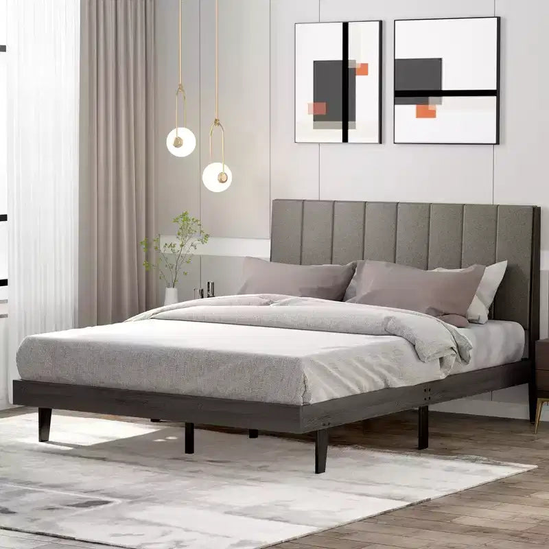 Lit capitonné Costway avec plate-forme en bois, sommier et tête de lit, taille Queen