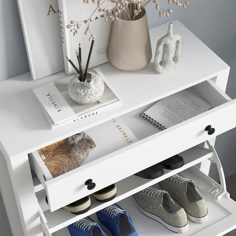 Meuble à chaussures blanc autoportant avec 2 tiroirs basculants, étagères réglables – 8 paires