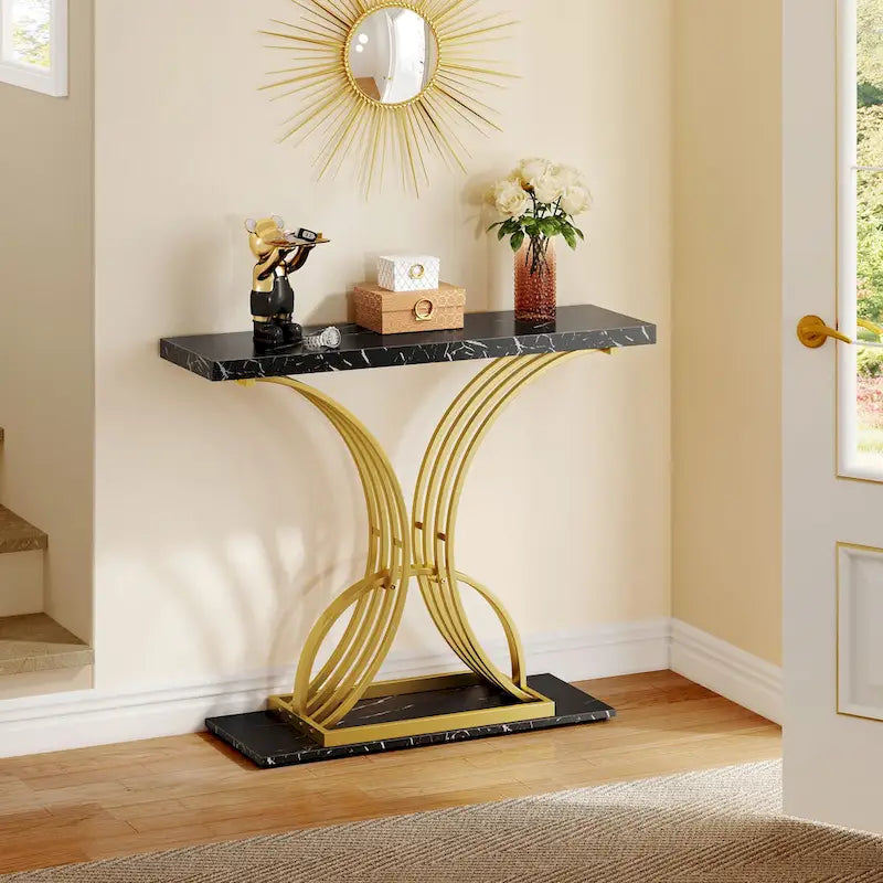 39 Console effet marbre avec piètement doré géométrique pour entrée
