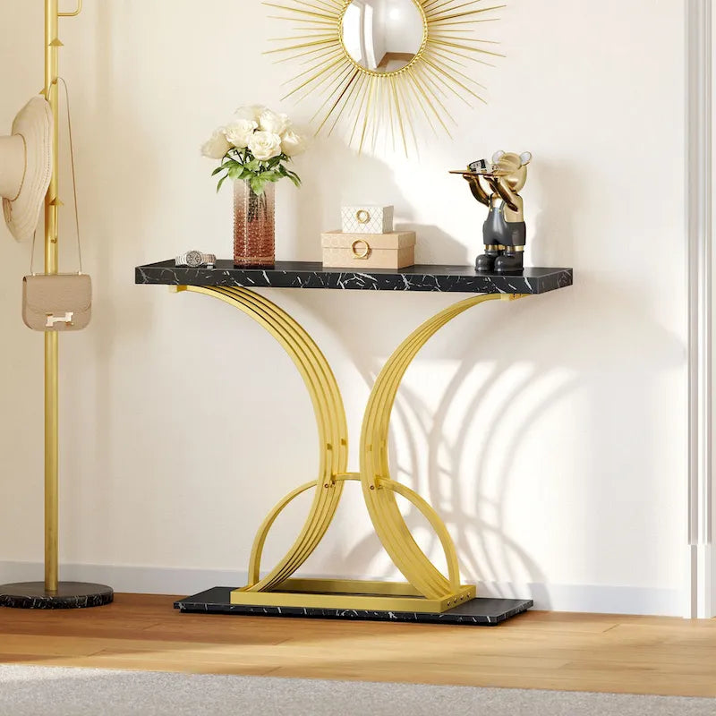 39 Console effet marbre avec piètement doré géométrique pour entrée
