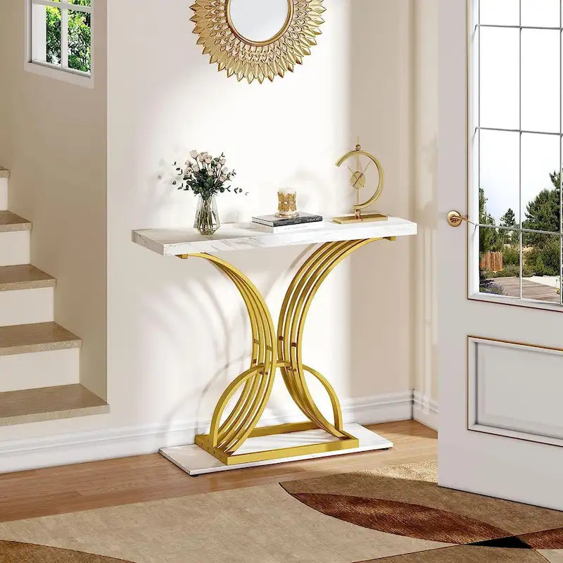 39 Console effet marbre avec piètement doré géométrique pour entrée