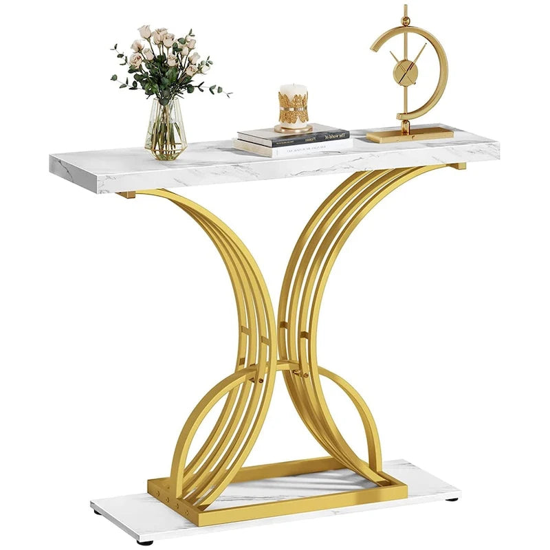 39 Console effet marbre avec piètement doré géométrique pour entrée