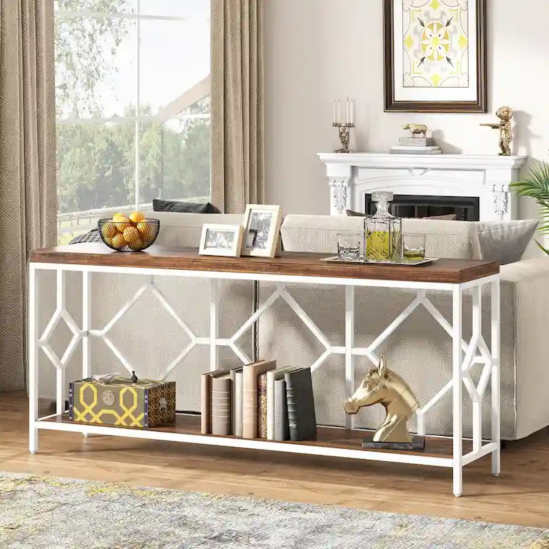 Table console de canapé de 70,9 pouces avec étagère de rangement ouverte, Table étroite industrielle extra longue, Table d'entrée derrière le canapé