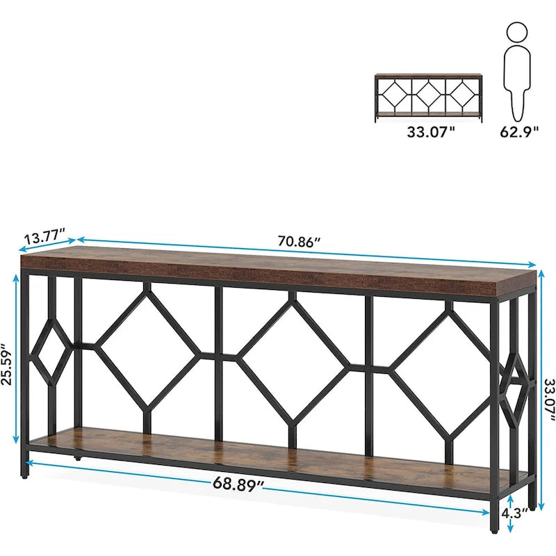 Table console de canapé de 70,9 pouces avec étagère de rangement ouverte, Table étroite industrielle extra longue, Table d'entrée derrière le canapé