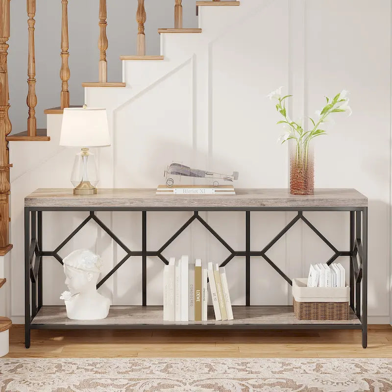 Table console de canapé de 70,9 pouces avec étagère de rangement ouverte, Table étroite industrielle extra longue, Table d'entrée derrière le canapé