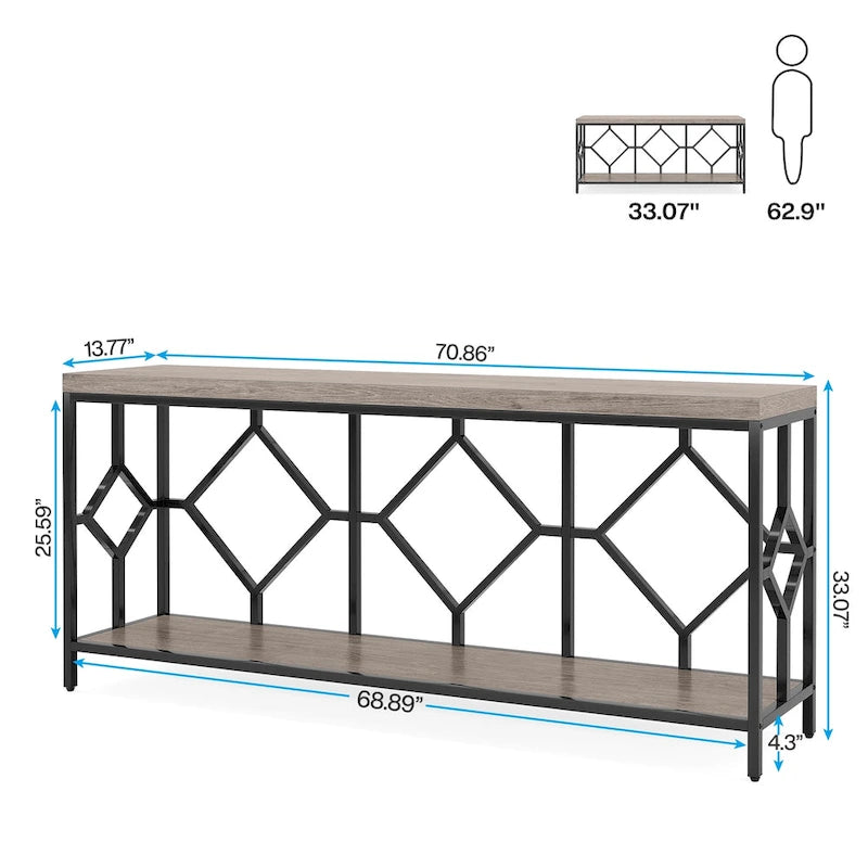 Table console de canapé de 70,9 pouces avec étagère de rangement ouverte, Table étroite industrielle extra longue, Table d'entrée derrière le canapé