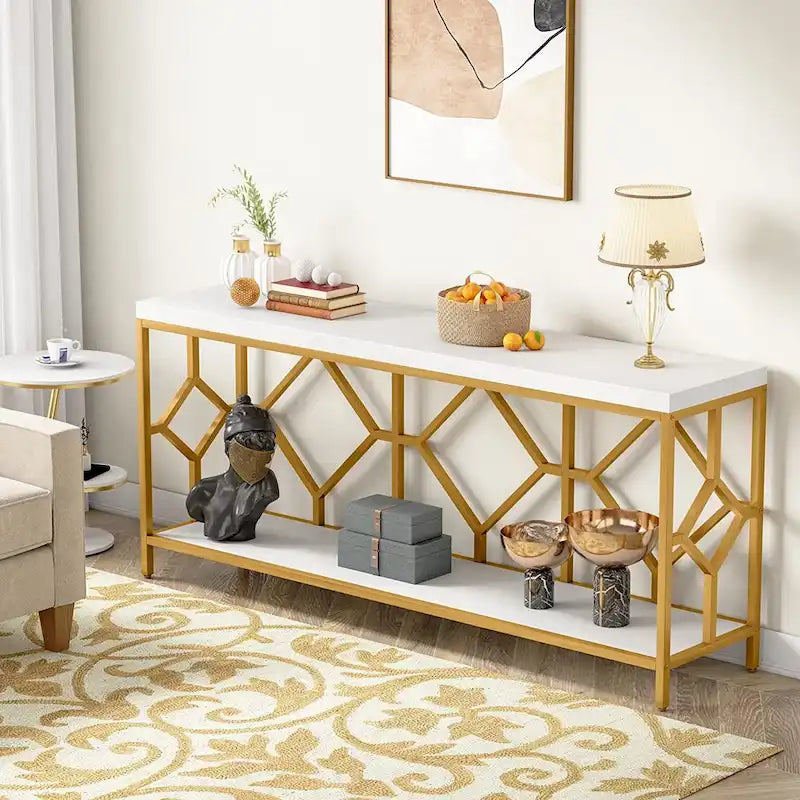Table console de canapé de 70,9 pouces avec étagère de rangement ouverte, Table étroite industrielle extra longue, Table d'entrée derrière le canapé