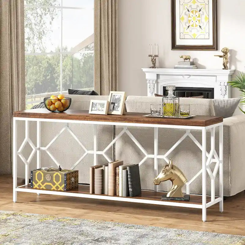 Table console de canapé de 70,9 pouces avec étagère de rangement ouverte, Table étroite industrielle extra longue, Table d'entrée derrière le canapé