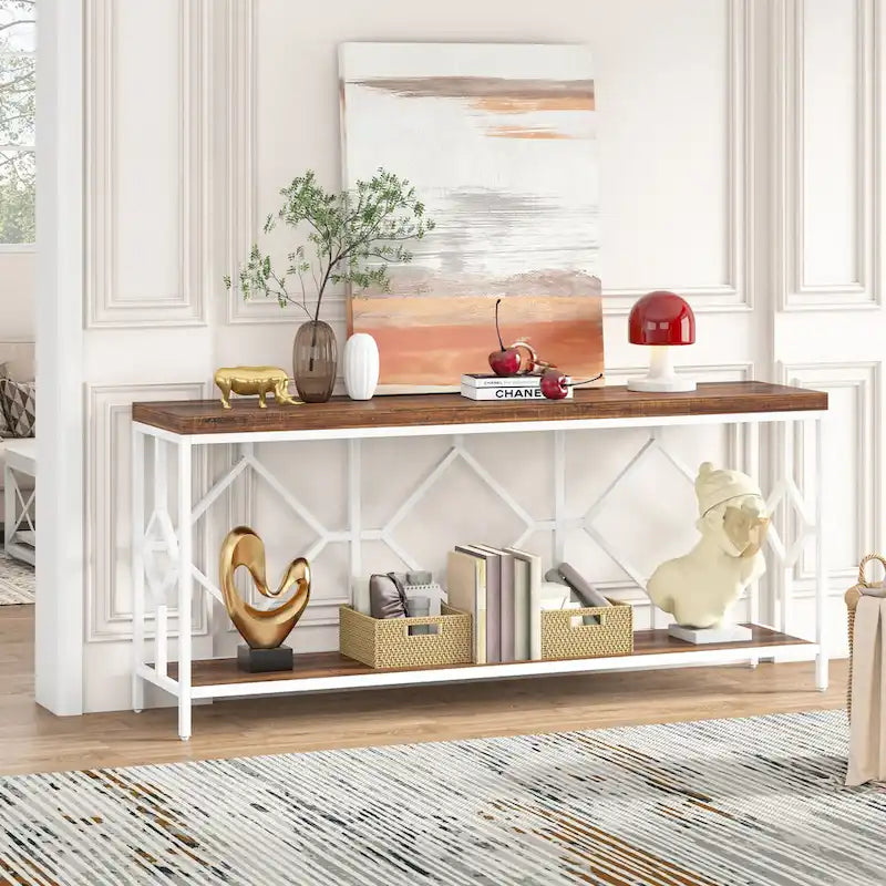 Table console de canapé de 70,9 pouces avec étagère de rangement ouverte, Table étroite industrielle extra longue, Table d'entrée derrière le canapé