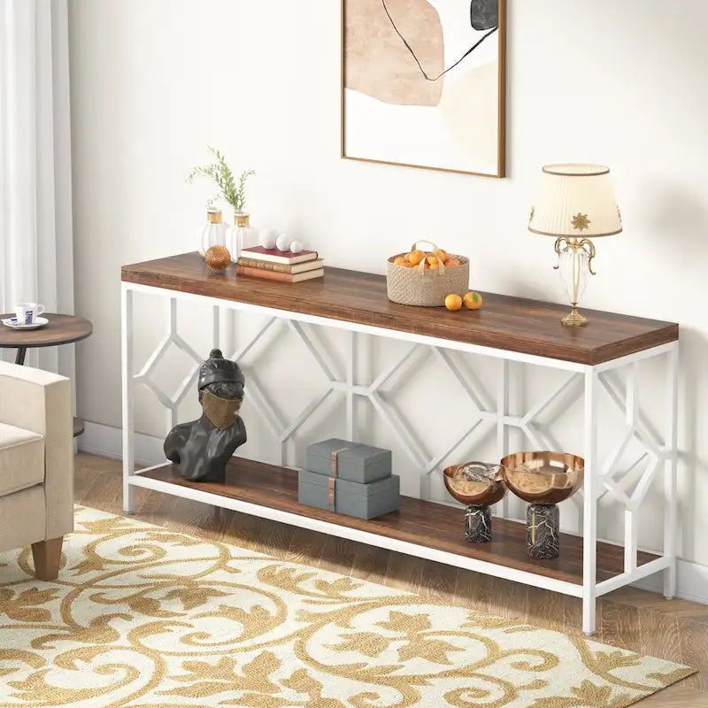 Table console de canapé de 70,9 pouces avec étagère de rangement ouverte, Table étroite industrielle extra longue, Table d'entrée derrière le canapé