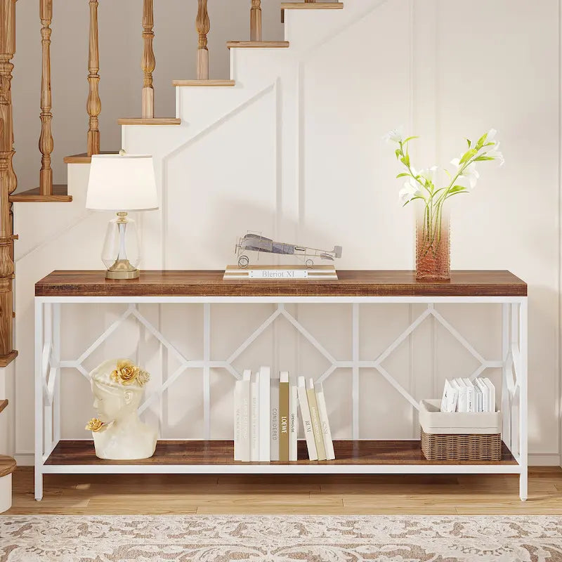 Table console de canapé de 70,9 pouces avec étagère de rangement ouverte, Table étroite industrielle extra longue, Table d'entrée derrière le canapé