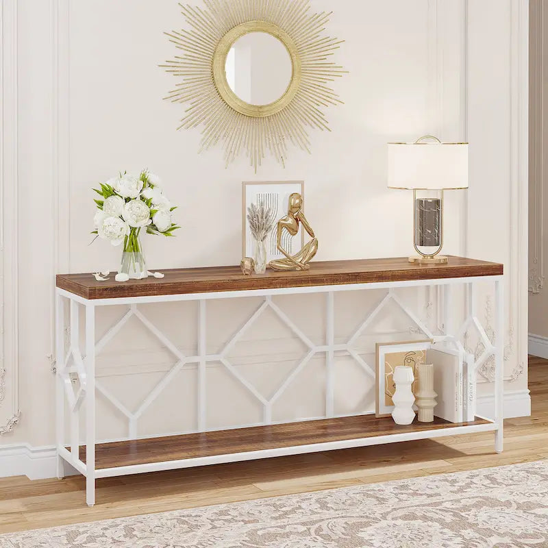 Table console de canapé de 70,9 pouces avec étagère de rangement ouverte, Table étroite industrielle extra longue, Table d'entrée derrière le canapé