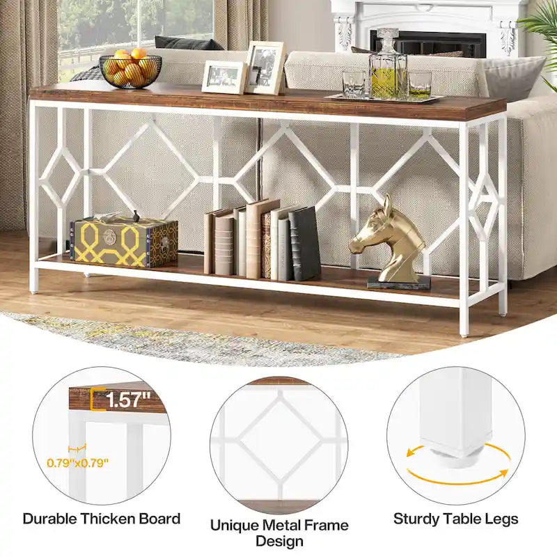 Table console de canapé de 70,9 pouces avec étagère de rangement ouverte, Table étroite industrielle extra longue, Table d'entrée derrière le canapé