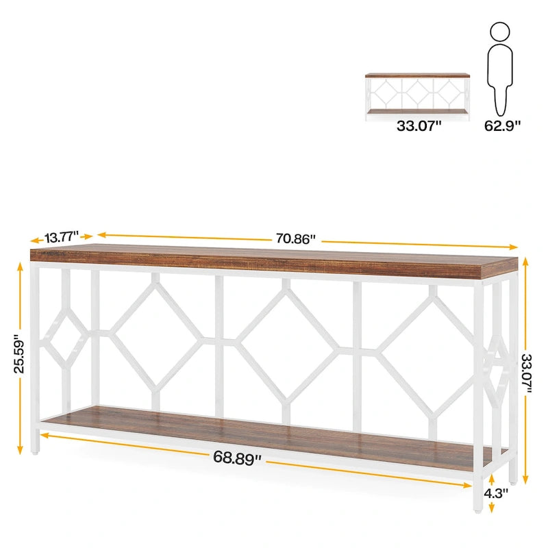 Table console de canapé de 70,9 pouces avec étagère de rangement ouverte, Table étroite industrielle extra longue, Table d'entrée derrière le canapé