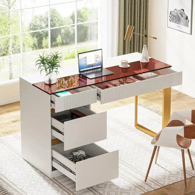 Bureau Blanc et Or avec 4 Tiroirs, Plateau en Verre, 1 Personne