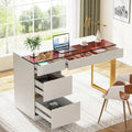 Bureau Blanc et Or avec 4 Tiroirs, Plateau en Verre, 1 Personne