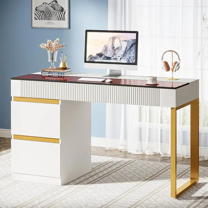 Bureau Blanc et Or avec 4 Tiroirs, Plateau en Verre, 1 Personne