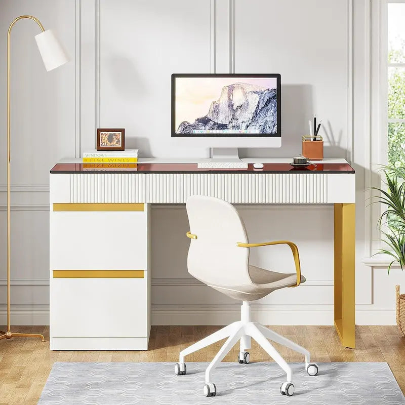 Bureau Blanc et Or avec 4 Tiroirs, Plateau en Verre, 1 Personne