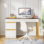 Bureau Blanc et Or avec 4 Tiroirs, Plateau en Verre, 1 Personne