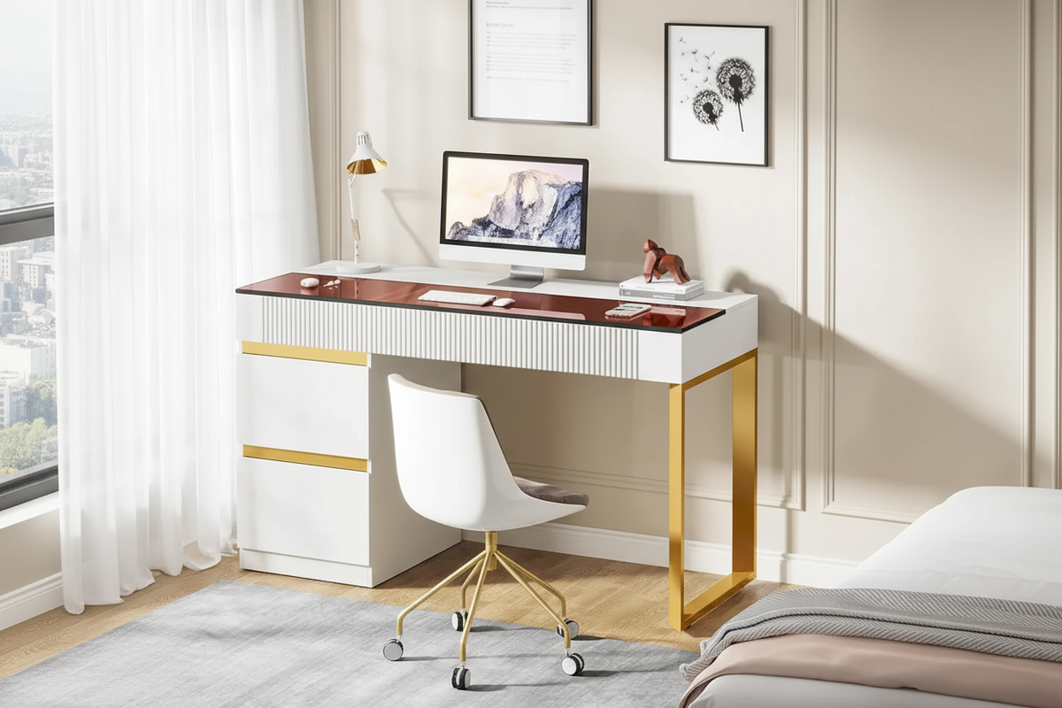 Bureau Blanc et Or avec 4 Tiroirs, Plateau en Verre, 1 Personne