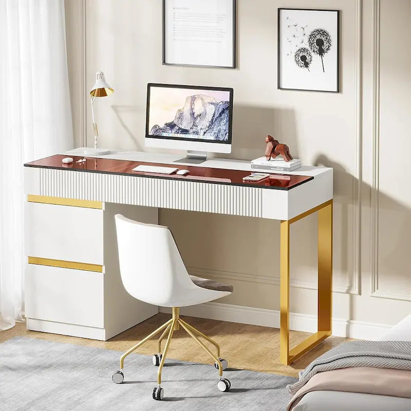 Bureau Blanc et Or avec 4 Tiroirs, Plateau en Verre, 1 Personne