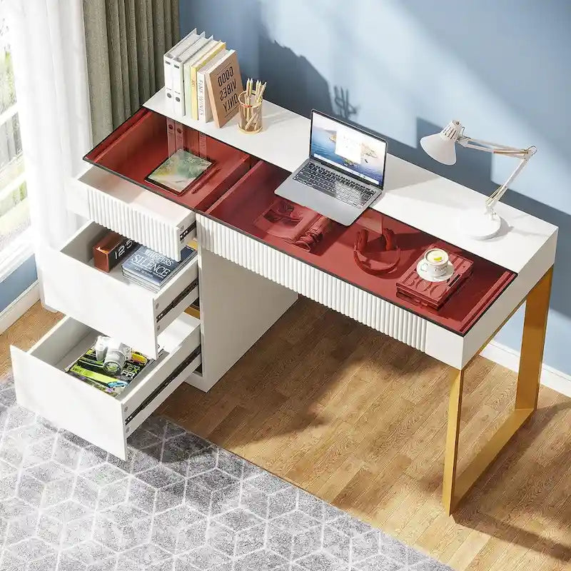Bureau Blanc et Or avec 4 Tiroirs, Plateau en Verre, 1 Personne