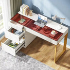 Bureau Blanc et Or avec 4 Tiroirs, Plateau en Verre, 1 Personne