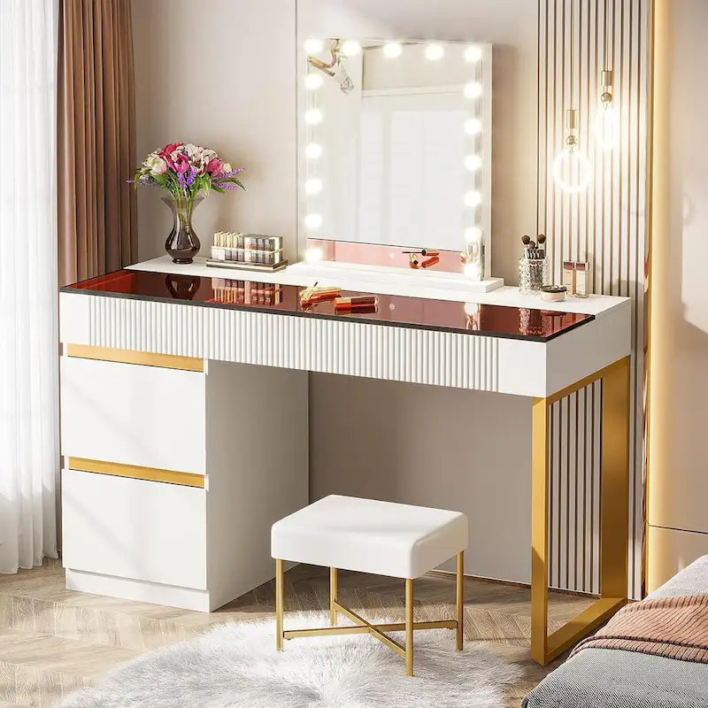 Bureau Blanc et Or avec 4 Tiroirs, Plateau en Verre, 1 Personne
