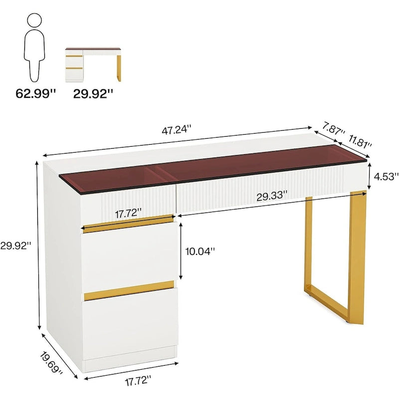 Bureau Blanc et Or avec 4 Tiroirs, Plateau en Verre, 1 Personne