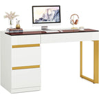 Bureau Blanc et Or avec 4 Tiroirs, Plateau en Verre, 1 Personne