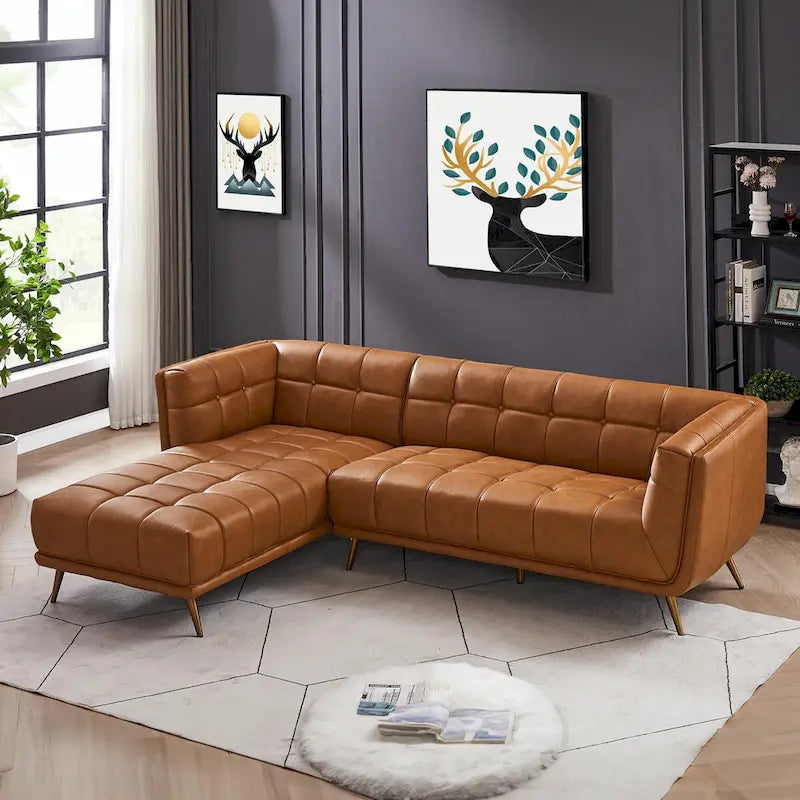 Canapé d'angle Kameron de luxe moderne Chesterfield en cuir véritable couleur Cognac Tan