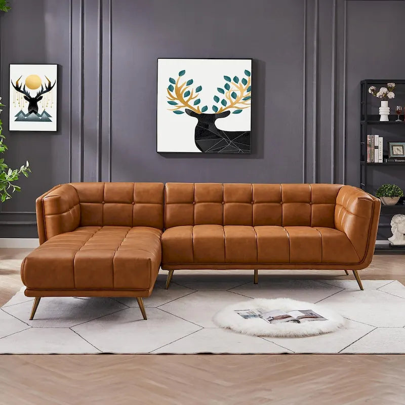 Canapé d'angle Kameron de luxe moderne Chesterfield en cuir véritable couleur Cognac Tan