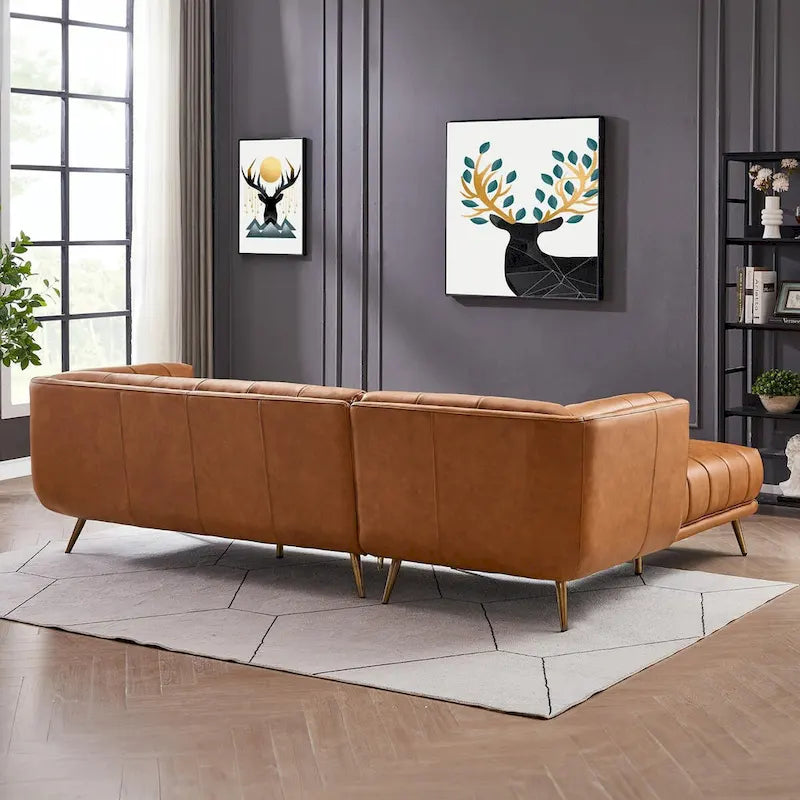 Canapé d'angle Kameron de luxe moderne Chesterfield en cuir véritable couleur Cognac Tan
