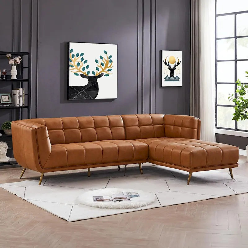 Canapé d'angle Kameron de luxe moderne Chesterfield en cuir véritable couleur Cognac Tan