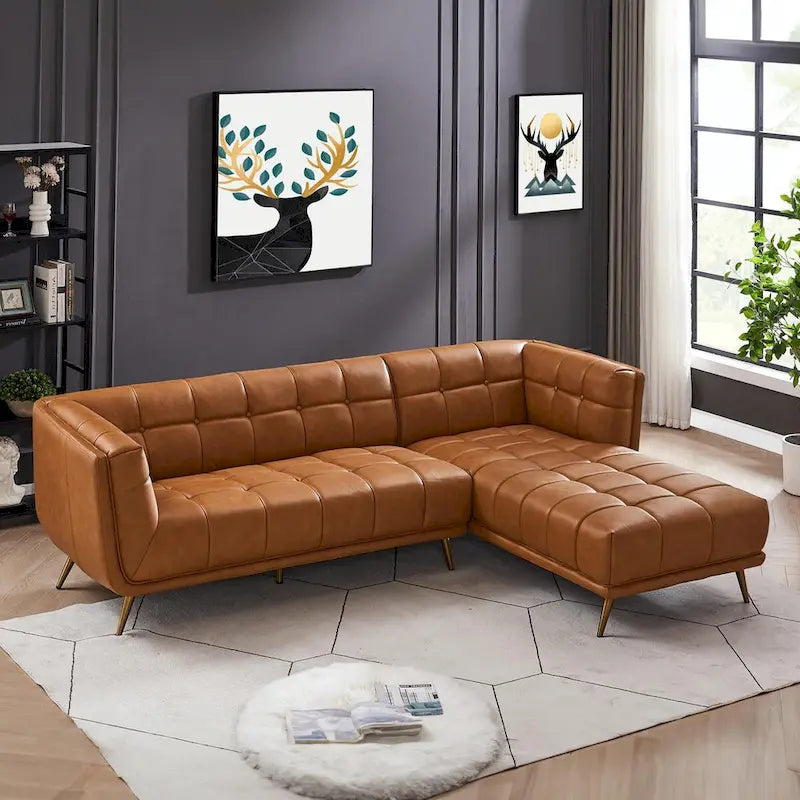 Canapé d'angle Kameron de luxe moderne Chesterfield en cuir véritable couleur Cognac Tan