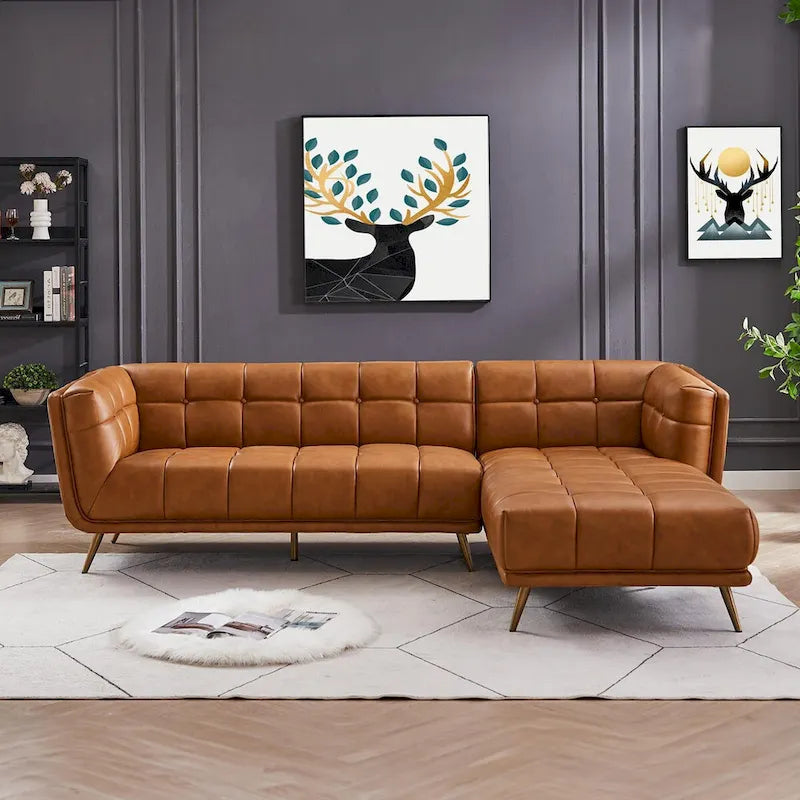 Canapé d'angle Kameron de luxe moderne Chesterfield en cuir véritable couleur Cognac Tan