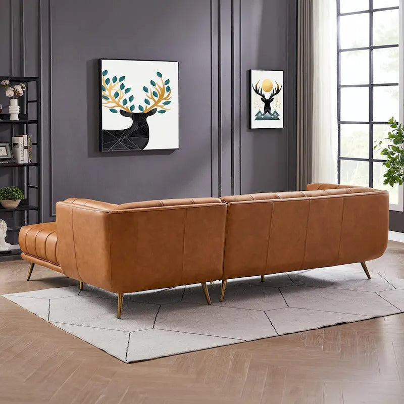 Canapé d'angle Kameron de luxe moderne Chesterfield en cuir véritable couleur Cognac Tan