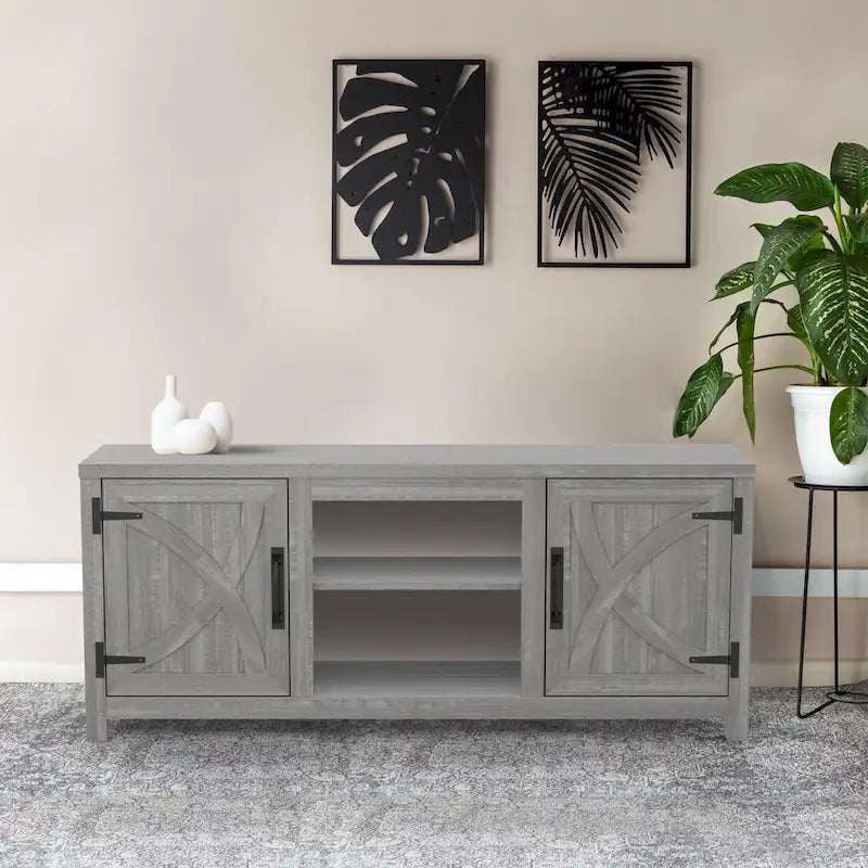 Meuble console de rangement pour entrée, meuble TV style porte de grange de ferme de 58 po – 58 po de large