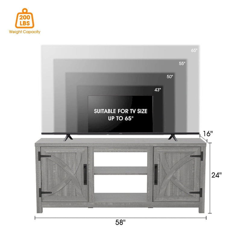 Meuble console de rangement pour entrée, meuble TV style porte de grange de ferme de 58 po – 58 po de large