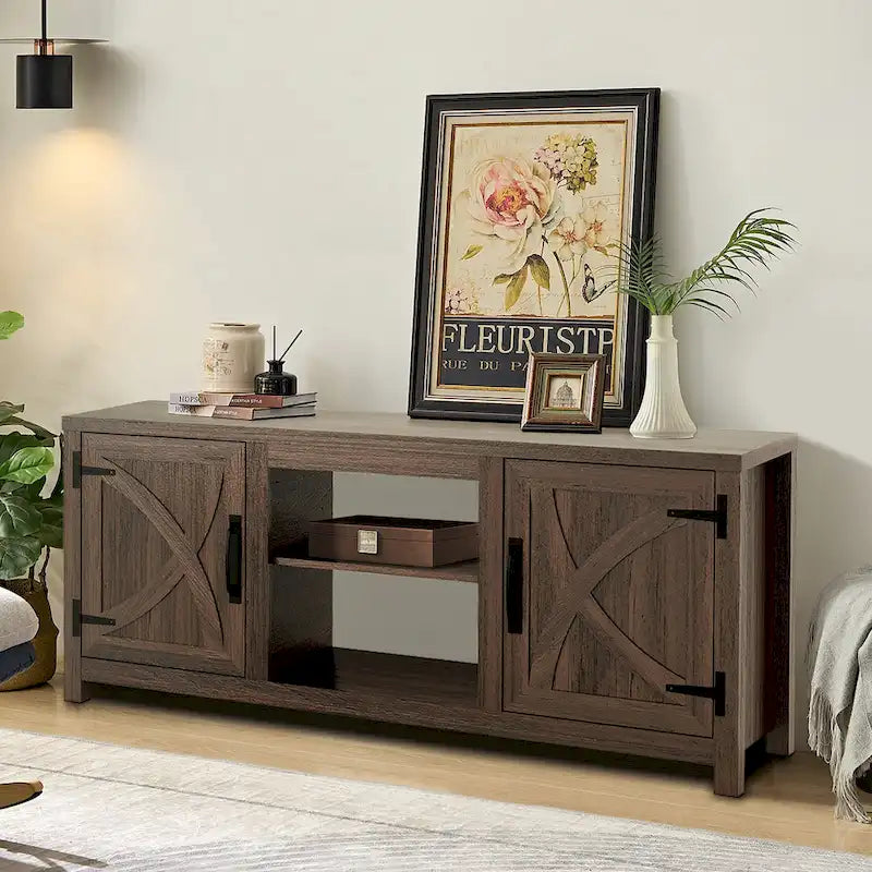 Meuble console de rangement pour entrée, meuble TV style porte de grange de ferme de 58 po – 58 po de large