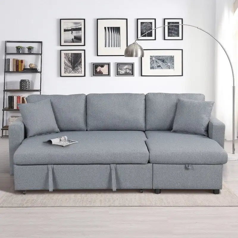 Canapé d'angle convertible rembourré avec espace de rangement et 2 coussins de décoration