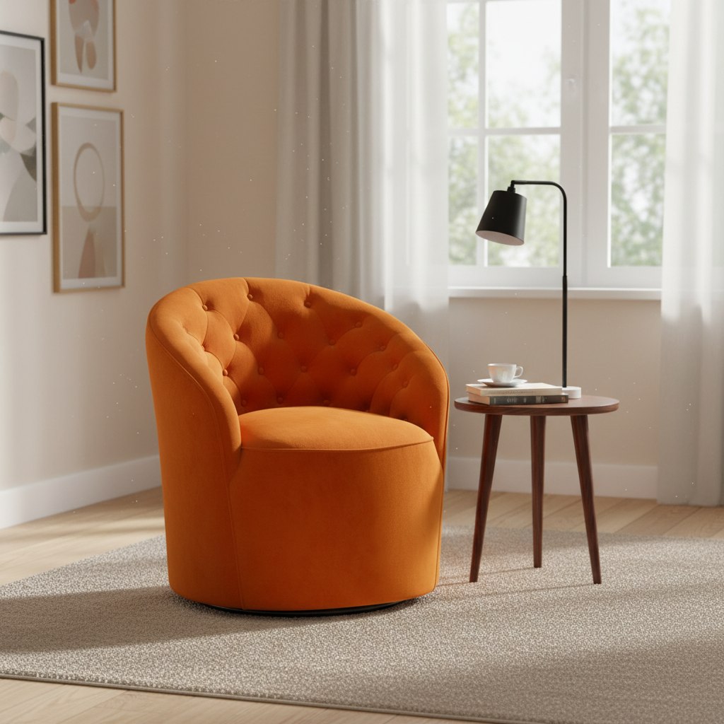 Fauteuil pivotant en velours avec dossier capitonné (beige / marine / noir / orange)