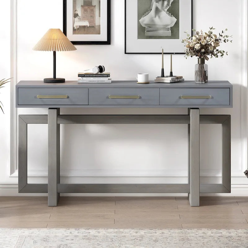 Console élégante avec trois tiroirs, Table d'entrée extra longue pour entrée, couloir, salon, foyer