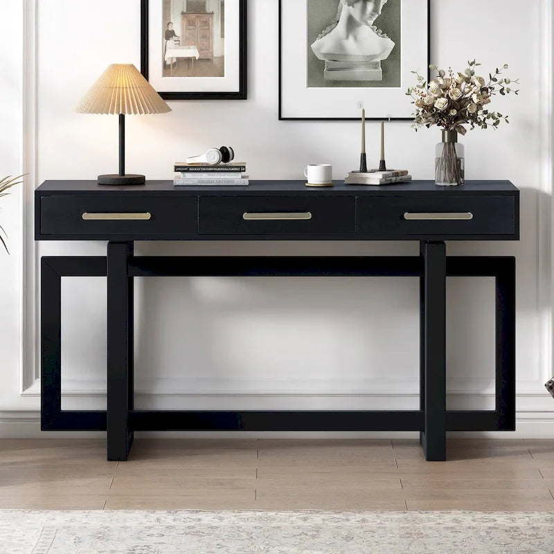 Console élégante avec trois tiroirs, Table d'entrée extra longue pour entrée, couloir, salon, foyer